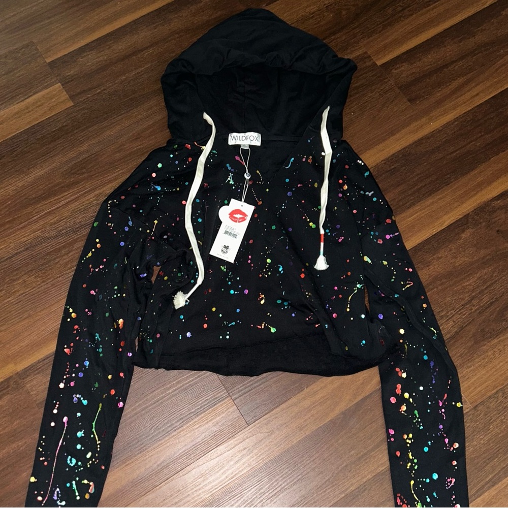 Wildfox Hooded Cropped Sweatshirt With Foil Rainbow Splatter NWT